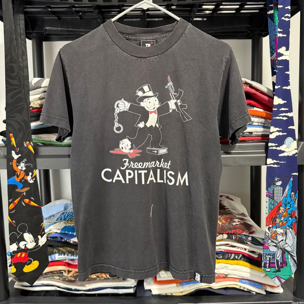 Y2K Black Freemarket Capitalism Monopoly Graphic Tee Small Light Mark